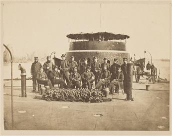 (CIVIL WAR--NAVY.) Pair of large photographs of Monitor-class vessels and their crews on the James River.